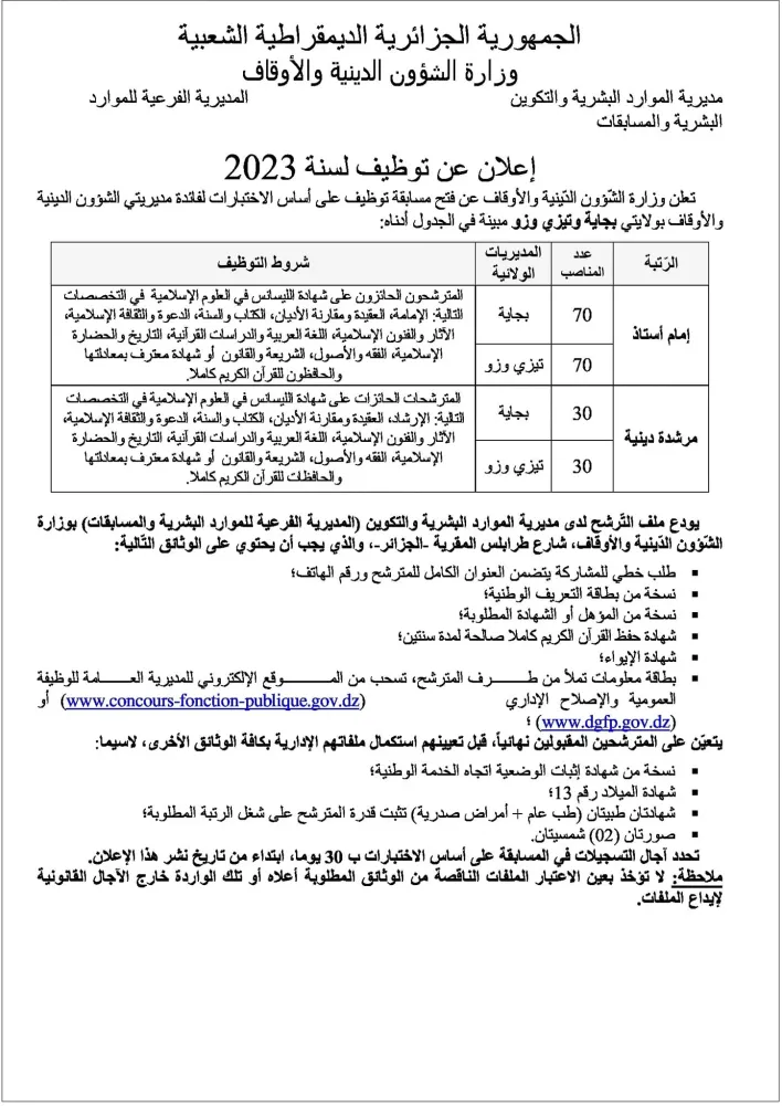 مسابقة لتوظيف 200 إمام ومرشدة دينية في تيزي وزو وبجاية