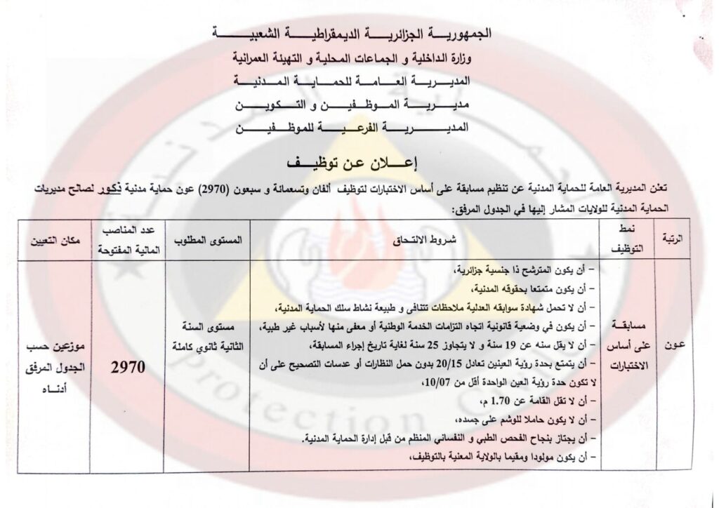 فرص توظيف في وزارة الداخلية 3000 وظيفة عون حماية مدنية - شروط وإجراءات التقديم