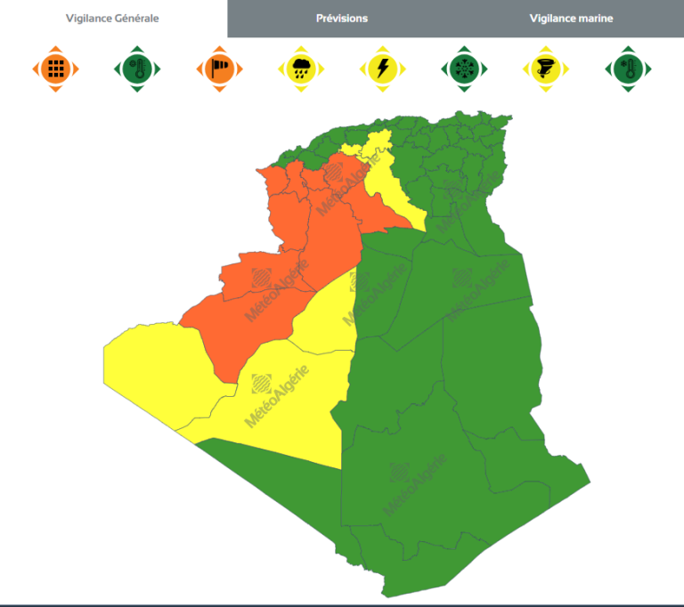 تنبيهات حالة الطقس في الجزائر يوم الإثنين أمطار رعدية ورياح قوية وزوابع رملية