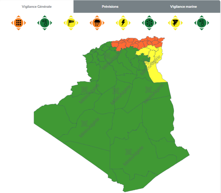 تنبيهات الديوان الوطني للأرصاد الجوية تساقط أمطار رعدية غزيرة ورياح قوية تشمل عدة ولايات