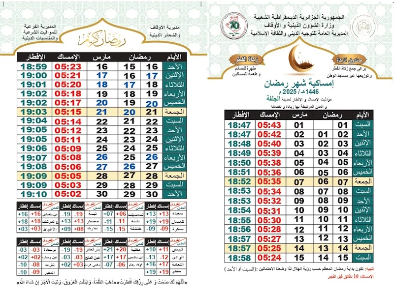 مواقيت الإمساك والإفطار لمدينة الجلفة